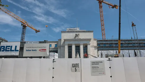 The Federal Reserve building is shown while undergoing renovations.